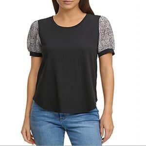 DKNY Puff Sleeve Black Leopard Animal Mixed Media Blouse Top Shirt Medium M